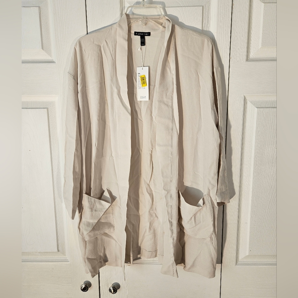 Sz Medium Eileen Fisher silk crepe open front jacket blazer topper career New